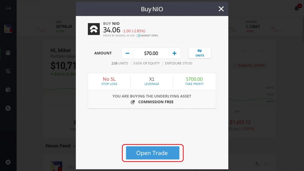 Executing NIO buy order on eToro's platform